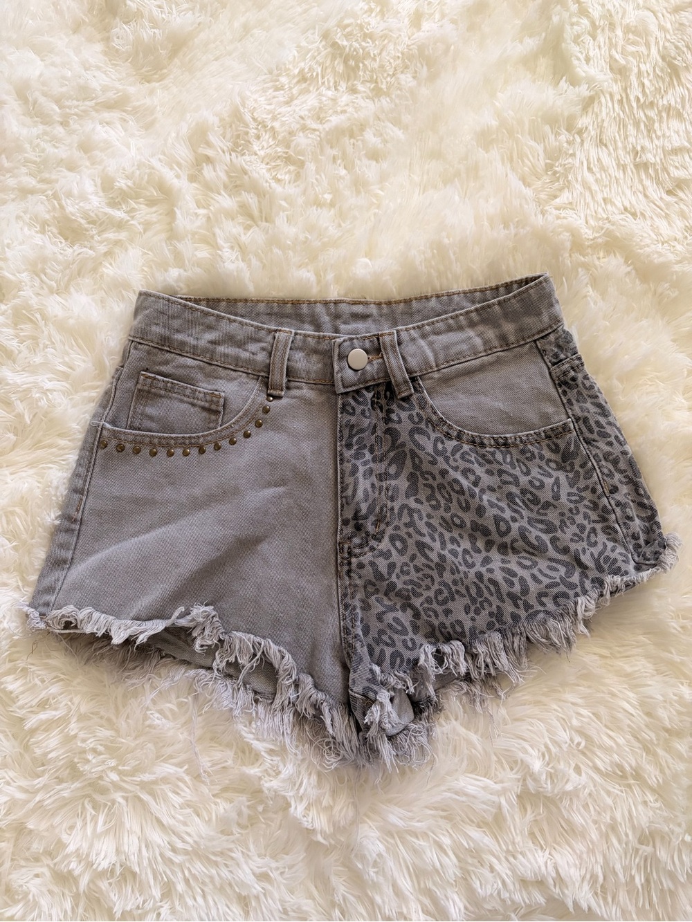 Gray Studded Leopard Print Denim Shorts